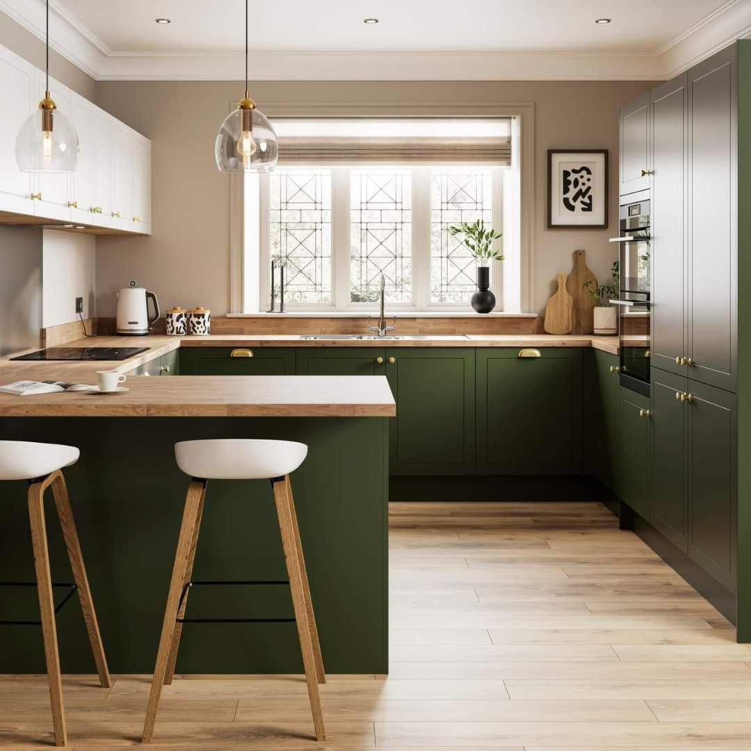 Peninsular-Kitchen-Layout-in-a-painted-Copse-green-finish