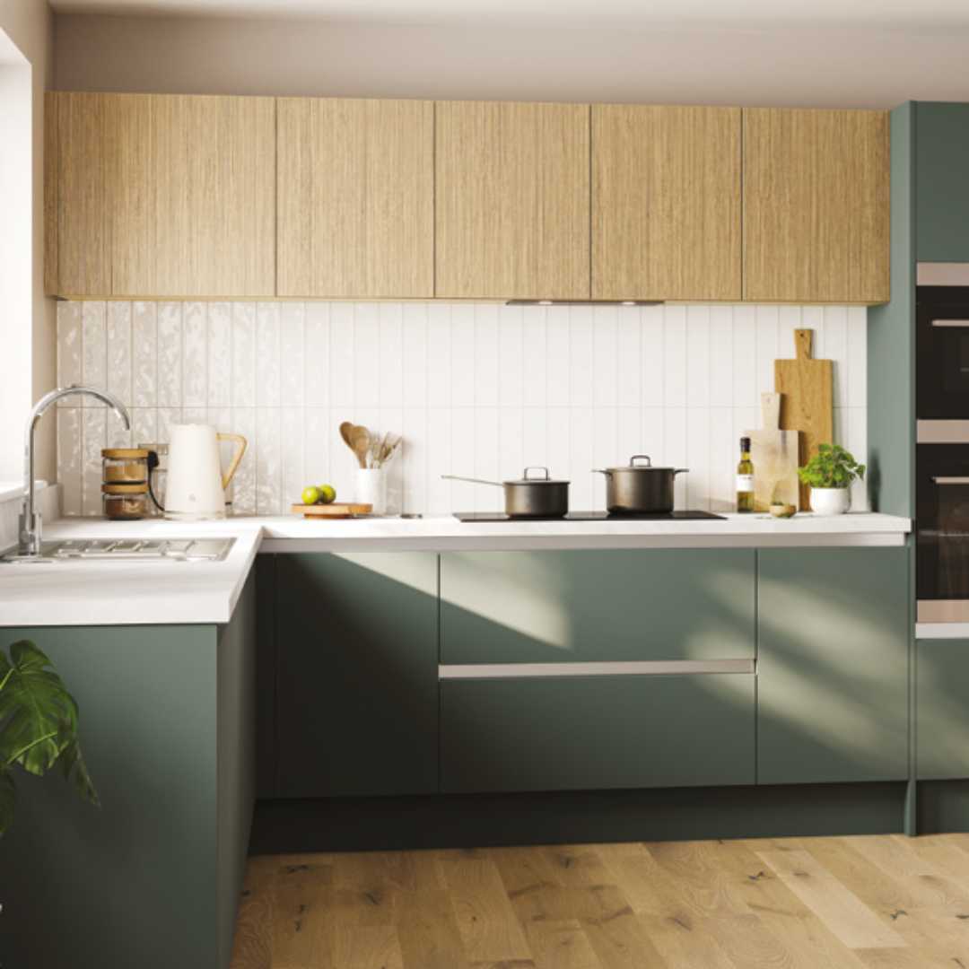 Bergamo---Reeded-door-kitchen-range-in-Light-Oak-paired-with-H2-Kombu-Green